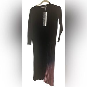 NWT Dalia MacPhee Sweater Dress Black Pink Asymmetrical Pleated Knit Belted